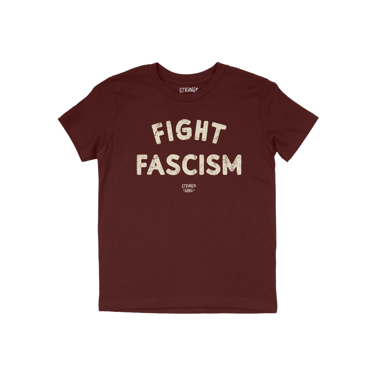Fight Fascism T-shirt in deep burgundy with distressed off-white text. Bold statement design featuring large FIGHT FASCISM me
