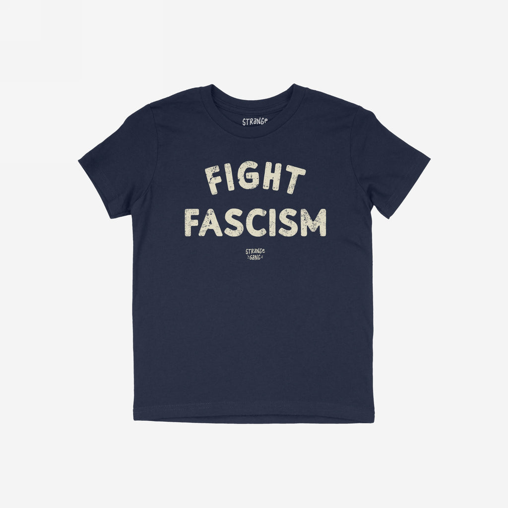 Fight Fascism T-shirt featuring a navy-blue color with large off-white distressed letters spelling FIGHT FASCISM and small brand text below, designed for activism and protest.