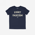 Fight Fascism T-shirt featuring a navy-blue color with large off-white distressed letters spelling FIGHT FASCISM and small brand text below, designed for activism and protest.