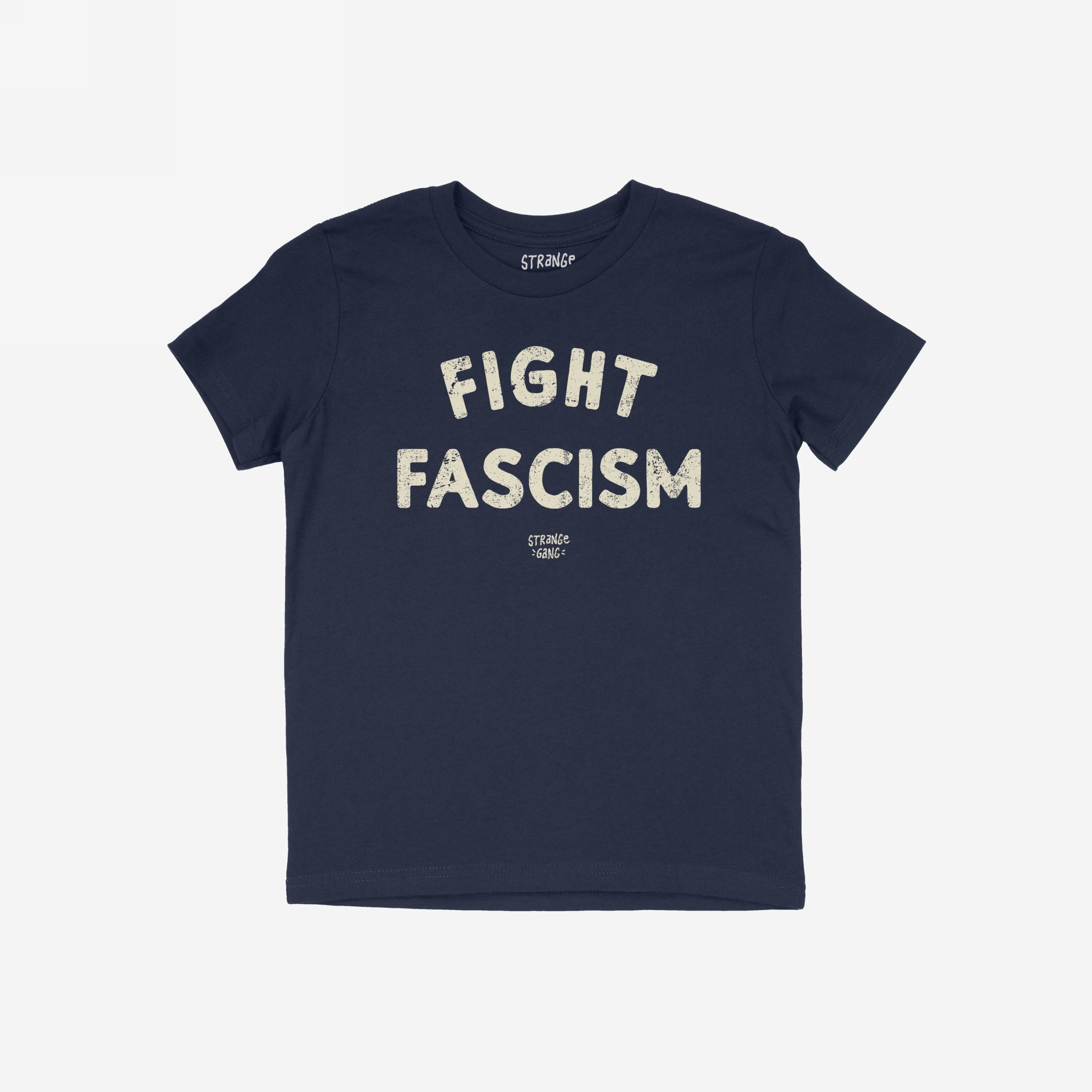 Fight Fascism T-shirt featuring a navy-blue color with large off-white distressed letters spelling FIGHT FASCISM and small brand text below, designed for activism and protest.