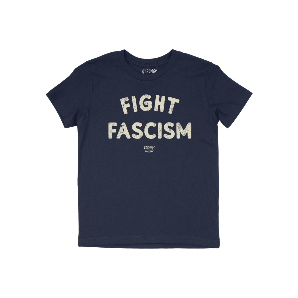 Fight Fascism T-shirt featuring a navy-blue color with large off-white distressed letters spelling FIGHT FASCISM and small br