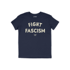 Fight Fascism T-shirt featuring a navy-blue color with large off-white distressed letters spelling FIGHT FASCISM and small br