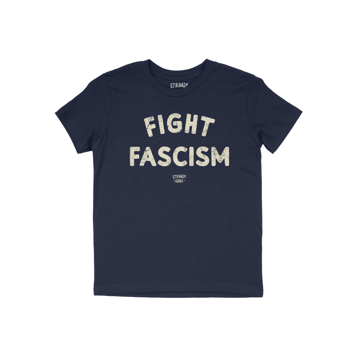 Fight Fascism T-shirt featuring a navy-blue color with large off-white distressed letters spelling FIGHT FASCISM and small br