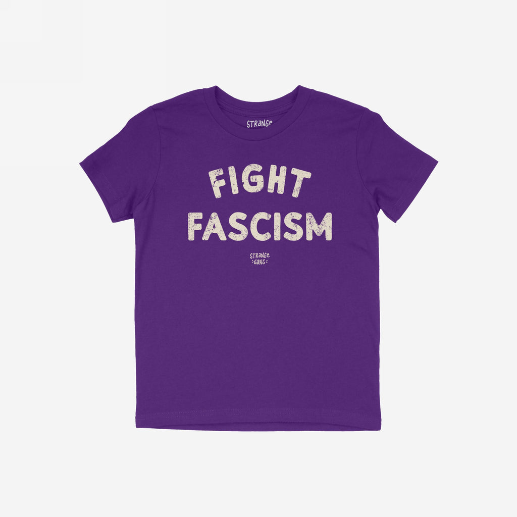 Purple Fight Fascism T-shirt with distressed off-white text, featuring a small logo below. Ideal for anti-fascist activism and daily wear, reflecting a message of resistance and equality.