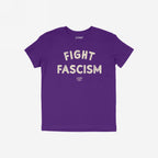Purple Fight Fascism T-shirt with distressed off-white text, featuring a small logo below. Ideal for anti-fascist activism and daily wear, reflecting a message of resistance and equality.