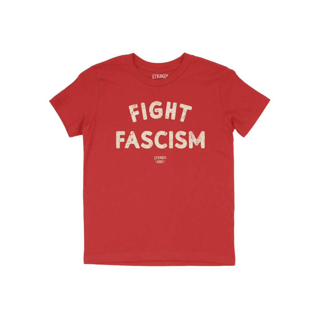 Red Fight Fascism T-shirt with bold, distressed cream lettering and smaller brand tagline underneath, symbolizing anti-fascis