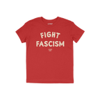 Red Fight Fascism T-shirt with bold, distressed cream lettering and smaller brand tagline underneath, symbolizing anti-fascis