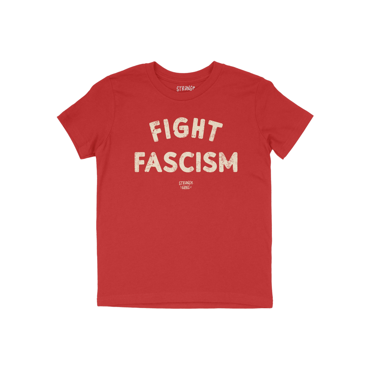 Red Fight Fascism T-shirt with bold, distressed cream lettering and smaller brand tagline underneath, symbolizing anti-fascis