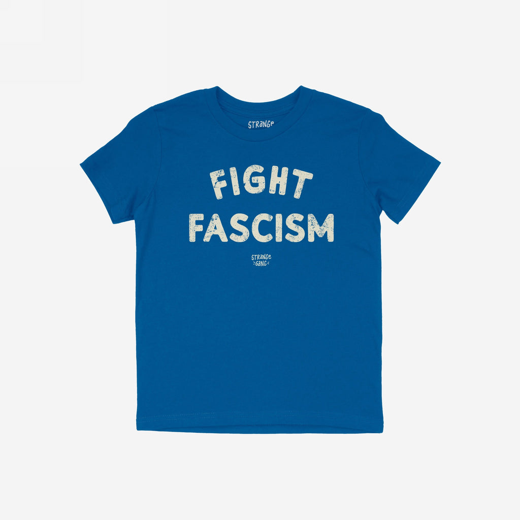 Blue Fight Fascism T-shirt featuring bold, distressed off-white lettering, embodying an anti-fascist message for activism and awareness. Perfect for protests and daily wear, aligning with equality and justice themes.