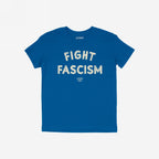 Blue Fight Fascism T-shirt featuring bold, distressed off-white lettering, embodying an anti-fascist message for activism and awareness. Perfect for protests and daily wear, aligning with equality and justice themes.