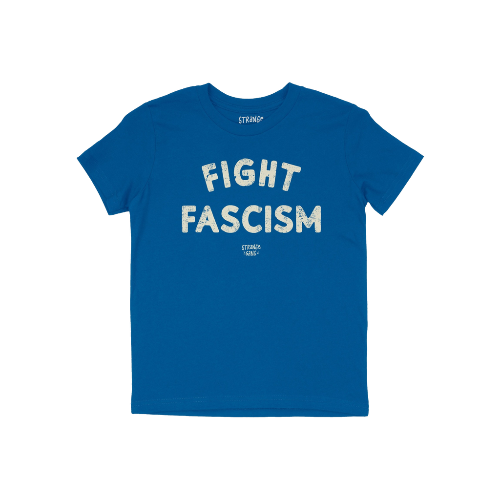 Blue Fight Fascism T-shirt featuring bold, distressed off-white lettering, embodying an anti-fascist message for activism and