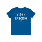 Blue Fight Fascism T-shirt featuring bold, distressed off-white lettering, embodying an anti-fascist message for activism and