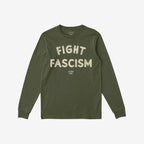 Olive-green long-sleeve Fight Fascism T-shirt with bold, distressed off-white lettering. Ideal for activism, the design promotes anti-fascism, reflecting a commitment to equality and justice.