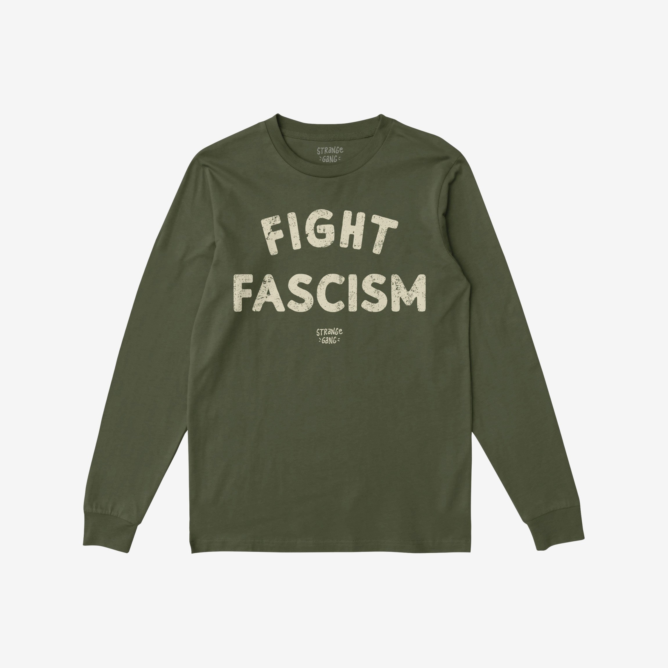 Olive-green long-sleeve Fight Fascism T-shirt with bold, distressed off-white lettering. Ideal for activism, the design promotes anti-fascism, reflecting a commitment to equality and justice.