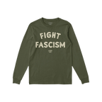 Olive-green long-sleeve Fight Fascism T-shirt with bold, distressed off-white lettering. Ideal for activism, the design promo