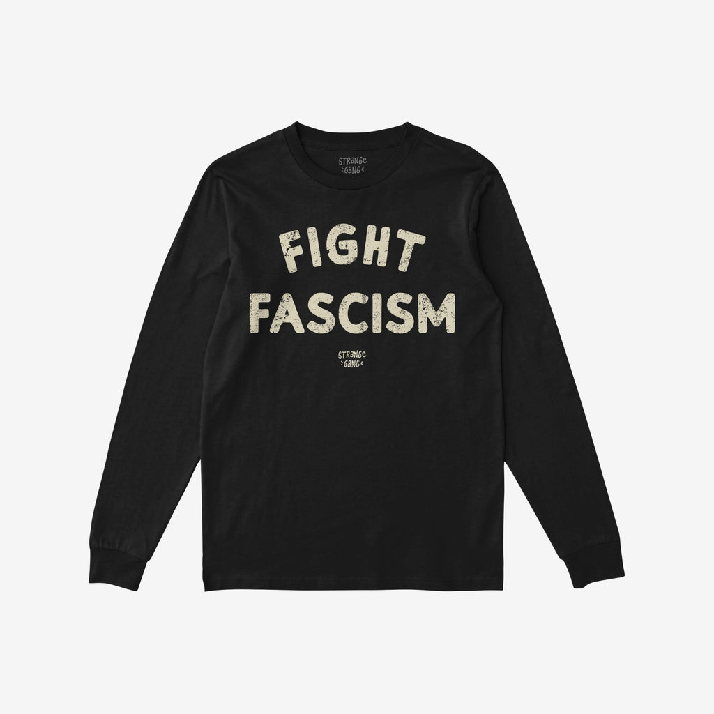 Black long-sleeved Fight Fascism T-shirt with large, distressed white lettering, embodying anti-fascist protest spirit. Ideal for rallies and daily wear, promoting activism and solidarity.