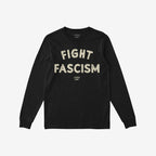 Black long-sleeved Fight Fascism T-shirt with large, distressed white lettering, embodying anti-fascist protest spirit. Ideal for rallies and daily wear, promoting activism and solidarity.