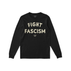 Black long-sleeved Fight Fascism T-shirt with large, distressed white lettering, embodying anti-fascist protest spirit. Ideal