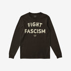 Dark-brown long-sleeved Fight Fascism T-shirt with distressed cream slogan across the chest, embodying anti-fascist activism. Perfect for expressing solidarity at marches or daily wear.