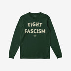 Dark-green Fight Fascism T-shirt with distressed off-white text across the chest, promoting anti-fascist values. Ideal for activism and expressing solidarity, featuring long sleeves and a slim fit design.