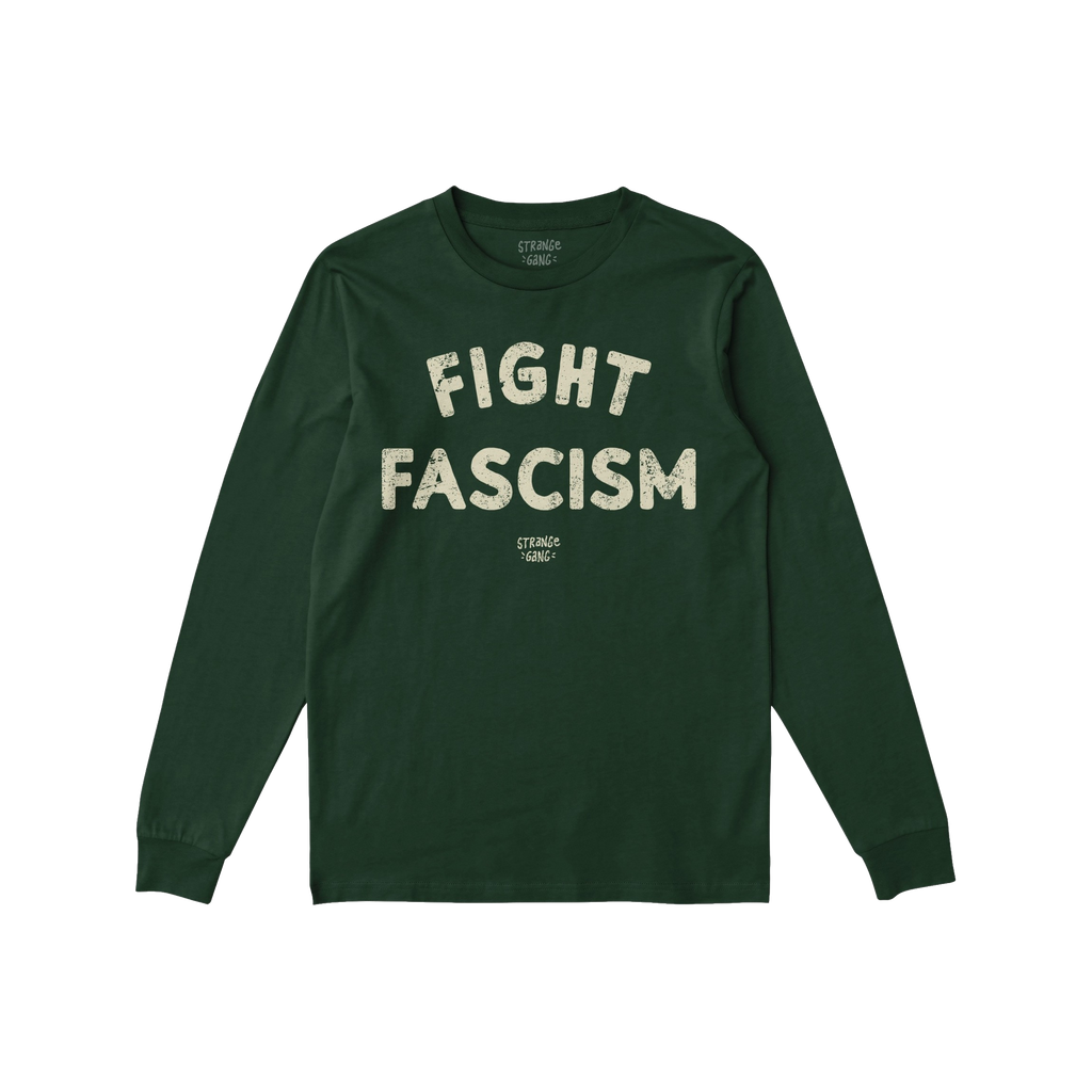 Dark-green Fight Fascism T-shirt with distressed off-white text across the chest, promoting anti-fascist values. Ideal for ac