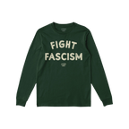 Dark-green Fight Fascism T-shirt with distressed off-white text across the chest, promoting anti-fascist values. Ideal for ac