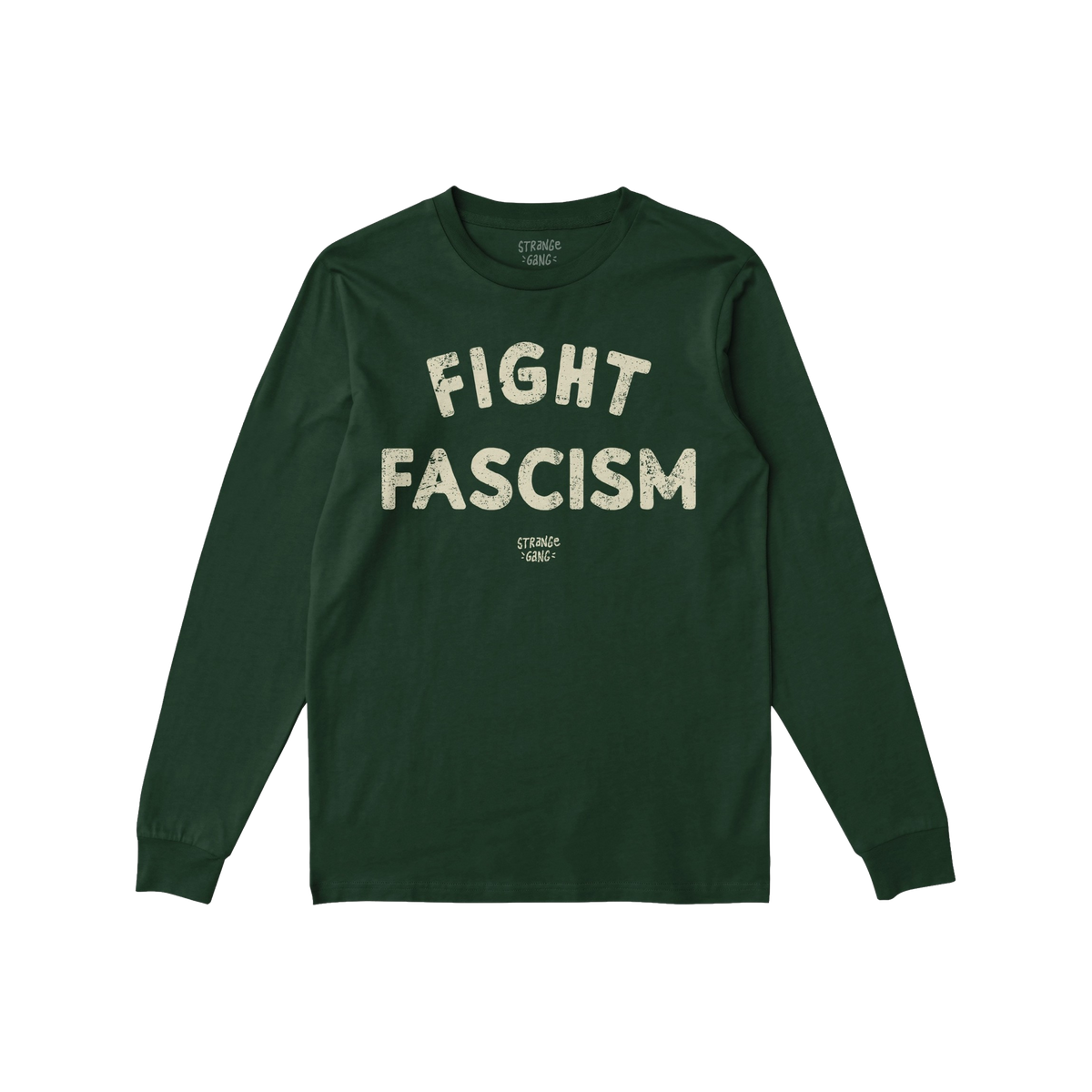 Dark-green Fight Fascism T-shirt with distressed off-white text across the chest, promoting anti-fascist values. Ideal for ac