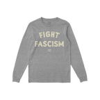 Heather-gray Fight Fascism long-sleeve shirt featuring large, distressed off-white text across the chest, embodying a protest