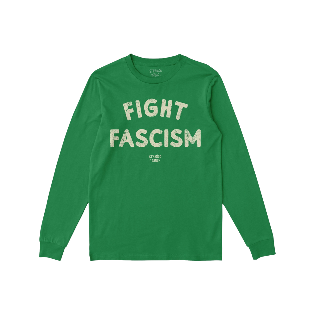 Long-sleeve green Fight Fascism T-shirt with off-white distressed block letters, featuring a small maker's mark beneath the s
