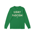 Long-sleeve green Fight Fascism T-shirt with off-white distressed block letters, featuring a small maker's mark beneath the s