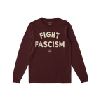 Fight Fascism T-shirt in deep burgundy, featuring bold, distressed off-white lettering. The long-sleeve, crew-neck design is 