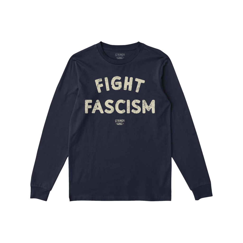 Navy-blue Fight Fascism long-sleeve crewneck T-shirt with distressed cream lettering across the chest, laid flat. The anti-fa