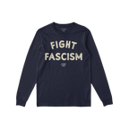 Navy-blue Fight Fascism long-sleeve crewneck T-shirt with distressed cream lettering across the chest, laid flat. The anti-fa