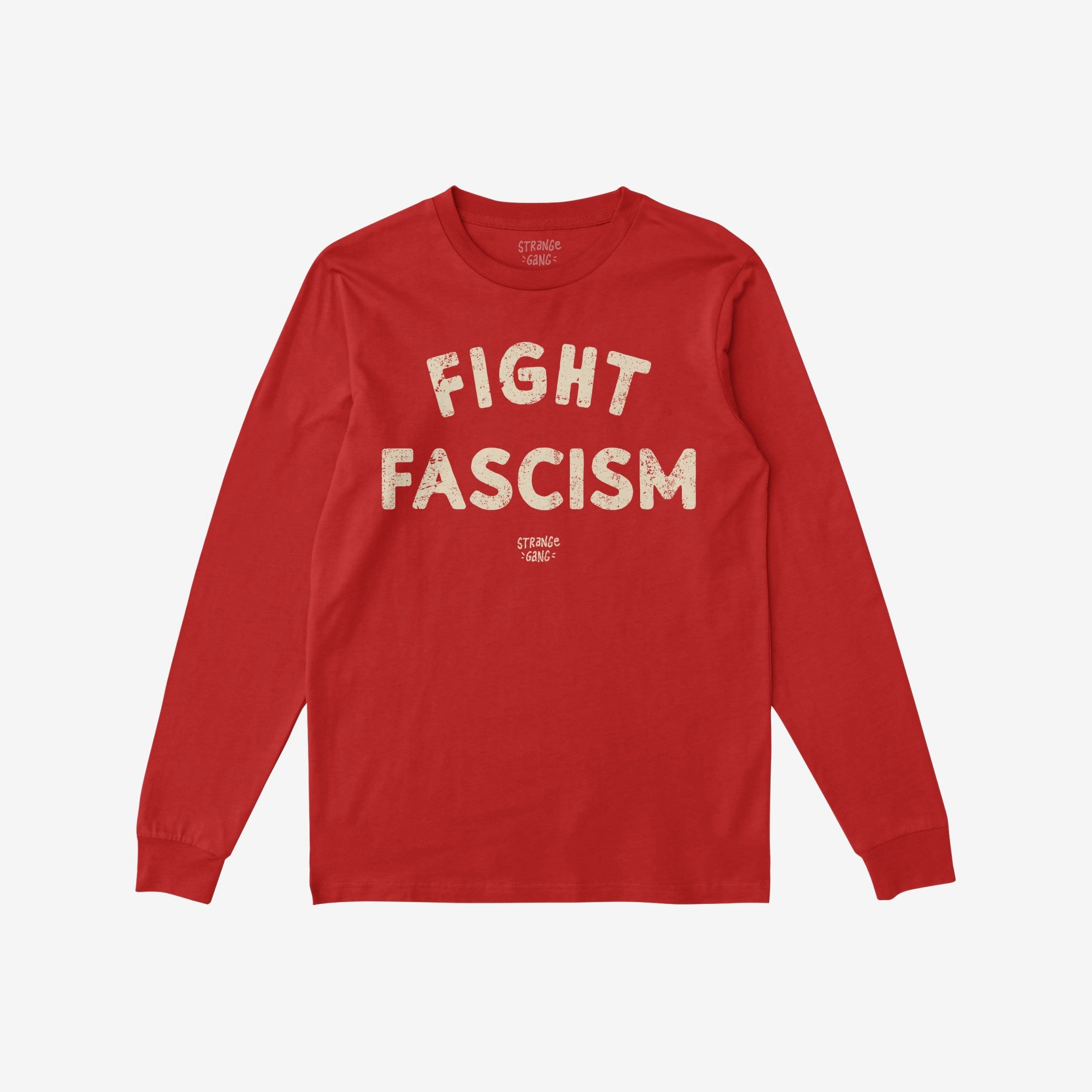 Red Fight Fascism T-shirt with long sleeves, featuring distressed off-white letters. Ideal for anti-fascist activism, this shirt emphasizes standing against hate and promoting equality.