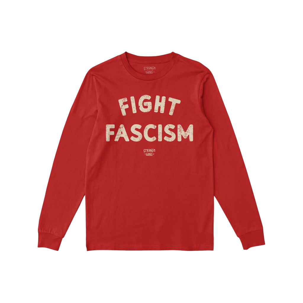 Red Fight Fascism T-shirt with long sleeves, featuring distressed off-white letters. Ideal for anti-fascist activism, this sh