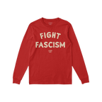 Red Fight Fascism T-shirt with long sleeves, featuring distressed off-white letters. Ideal for anti-fascist activism, this sh