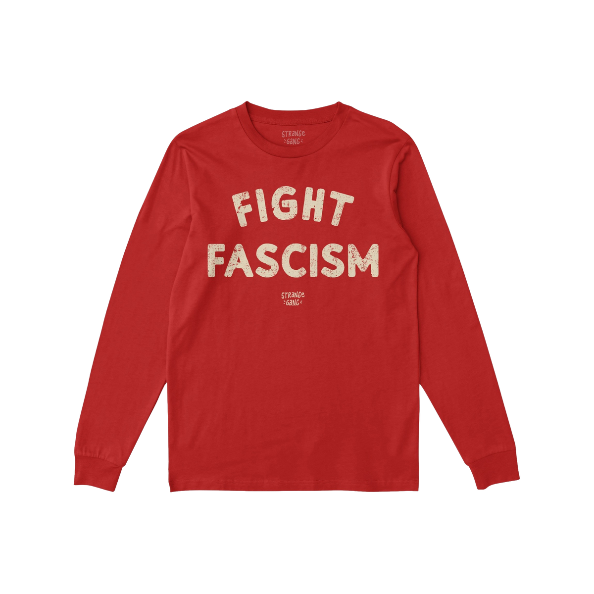 Red Fight Fascism T-shirt with long sleeves, featuring distressed off-white letters. Ideal for anti-fascist activism, this sh