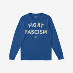 Royal-blue Fight Fascism T-shirt featuring off-white distressed block text, embodying an anti-fascist protest design. Ideal for activism, this long-sleeve promotes equality and resistance.