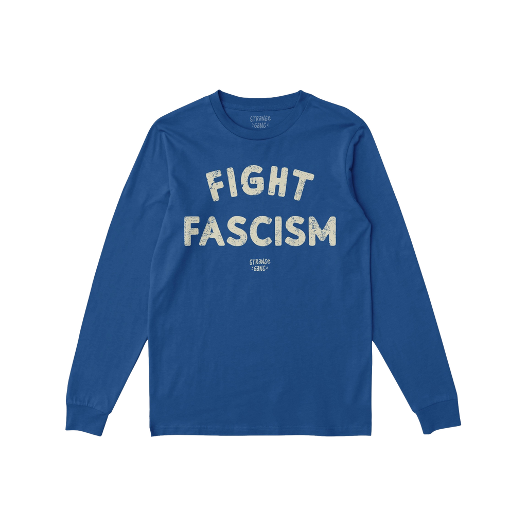 Royal-blue Fight Fascism T-shirt featuring off-white distressed block text, embodying an anti-fascist protest design. Ideal f