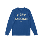 Royal-blue Fight Fascism T-shirt featuring off-white distressed block text, embodying an anti-fascist protest design. Ideal f