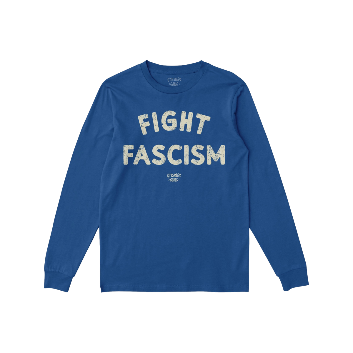 Royal-blue Fight Fascism T-shirt featuring off-white distressed block text, embodying an anti-fascist protest design. Ideal f