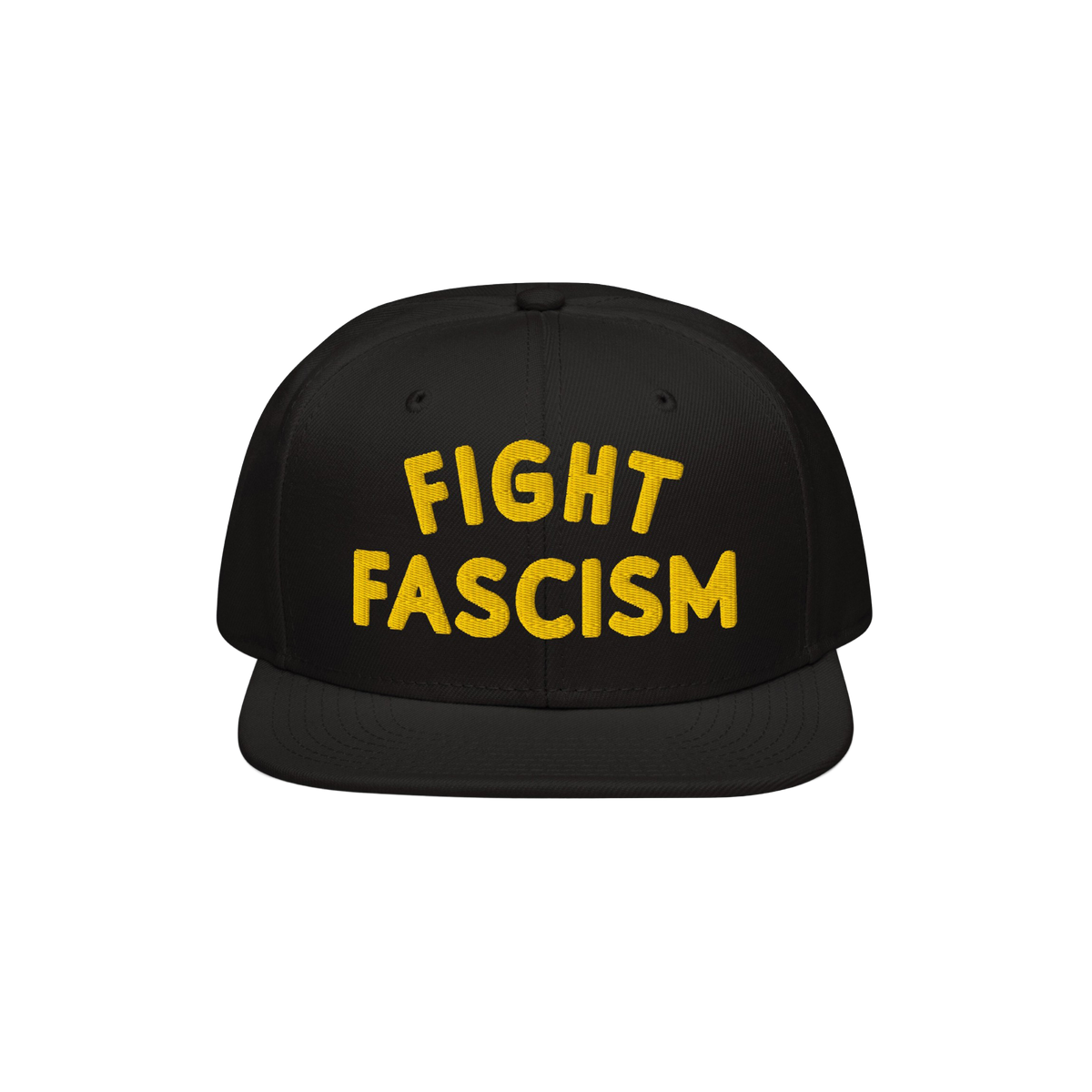 Black flat-brimmed hat with bold yellow FIGHT FASCISM embroidery on the front, promoting anti-fascist visibility. Ideal for p
