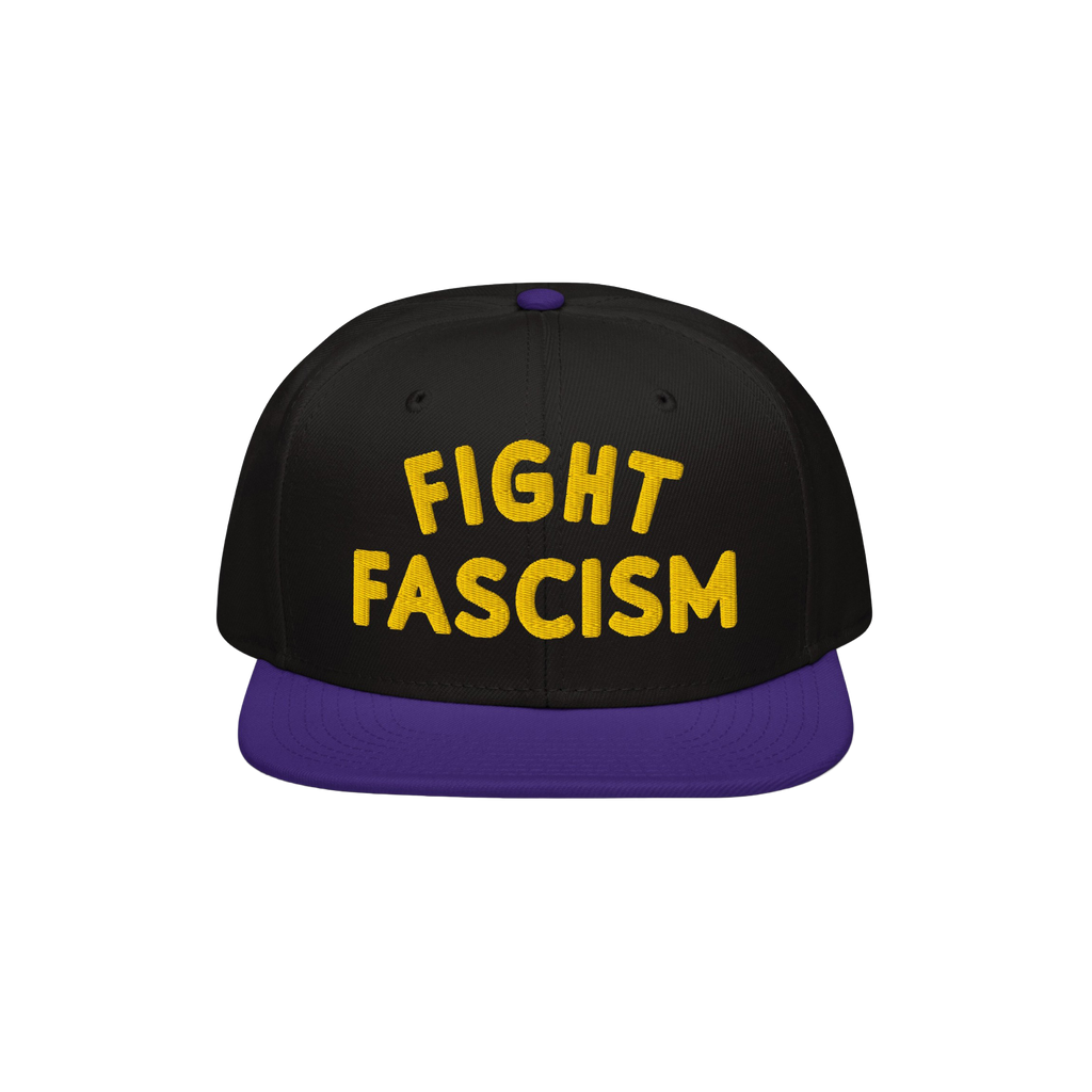 Fight Fascism Hat features bold yellow embroidery on a black crown, with a purple brim. Designed for visibility, this snapbac