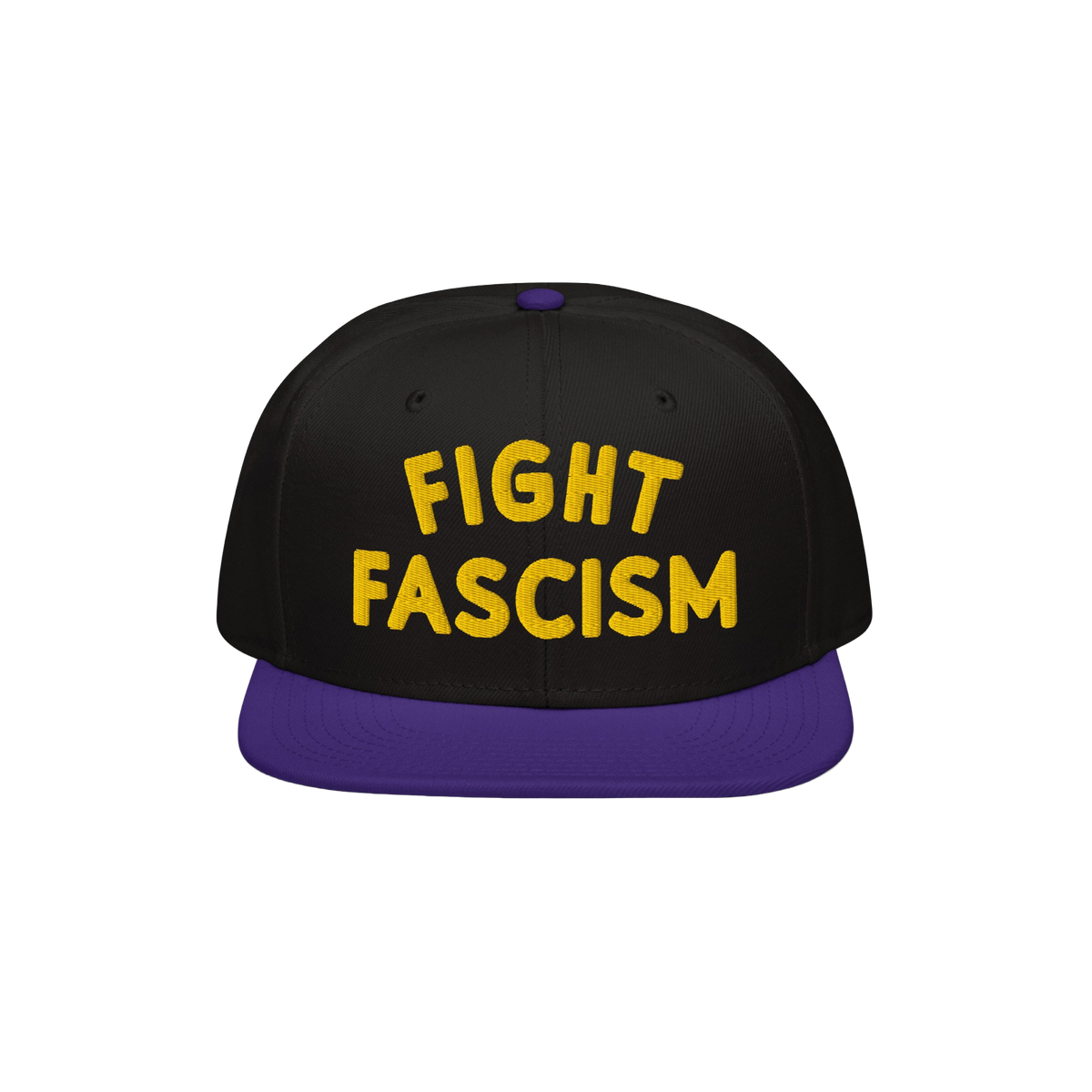 Fight Fascism Hat features bold yellow embroidery on a black crown, with a purple brim. Designed for visibility, this snapbac