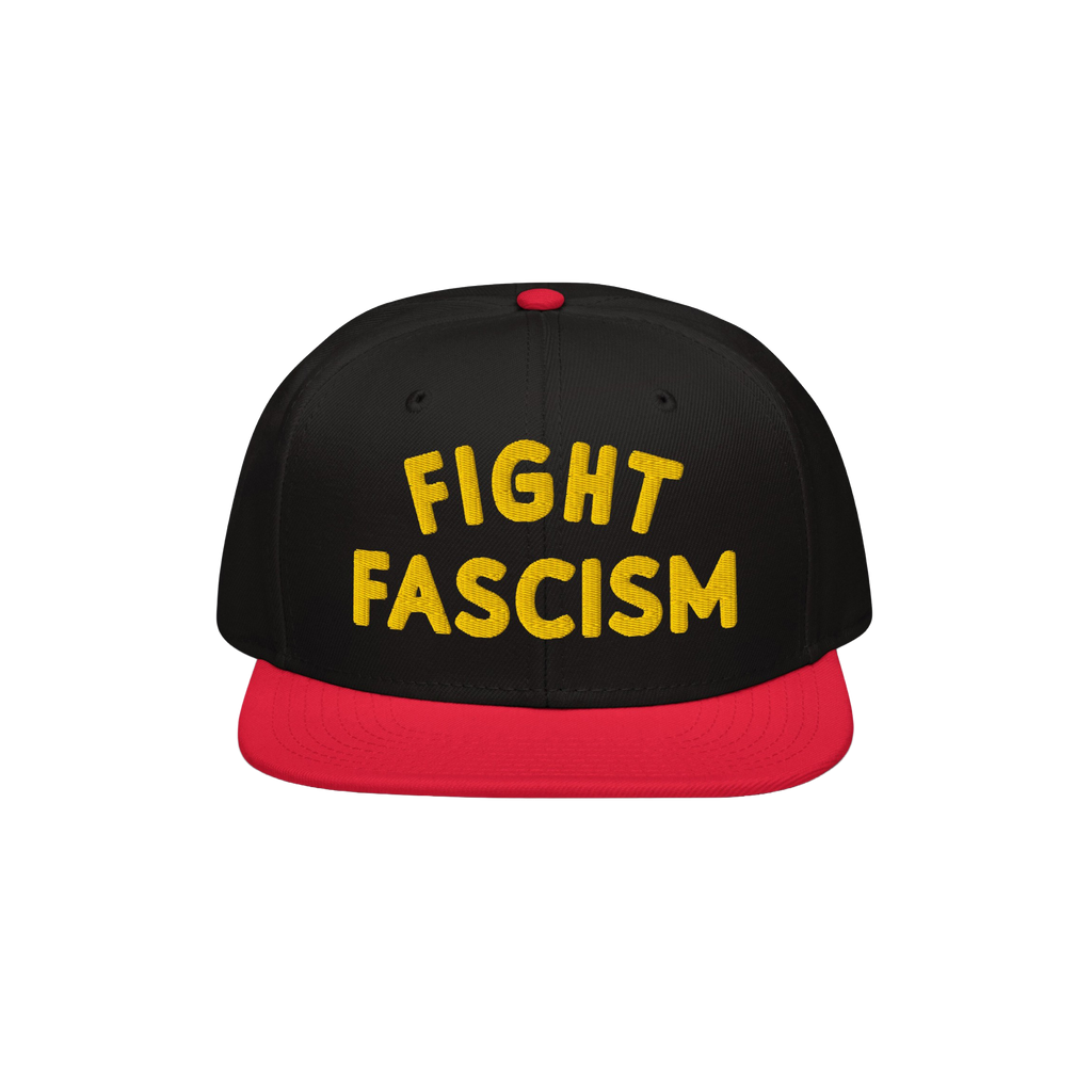 Black snapback hat with a red bill featuring bold yellow embroidery reading FIGHT FASCISM, embodying a protest spirit. Ideal 