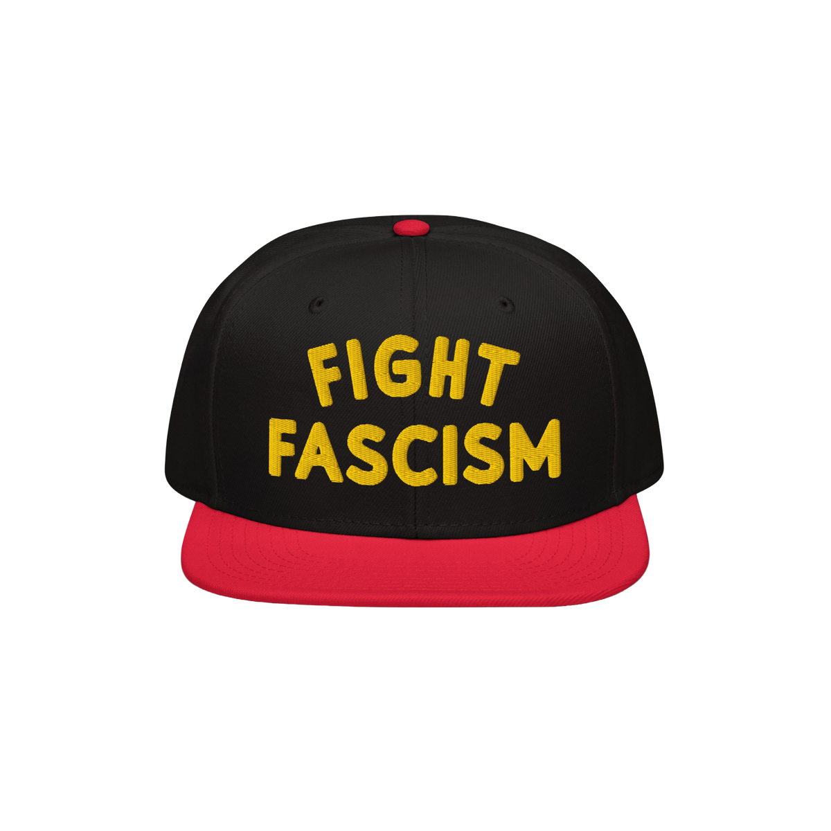 Black snapback hat with a red bill featuring bold yellow embroidery reading FIGHT FASCISM, embodying a protest spirit. Ideal 