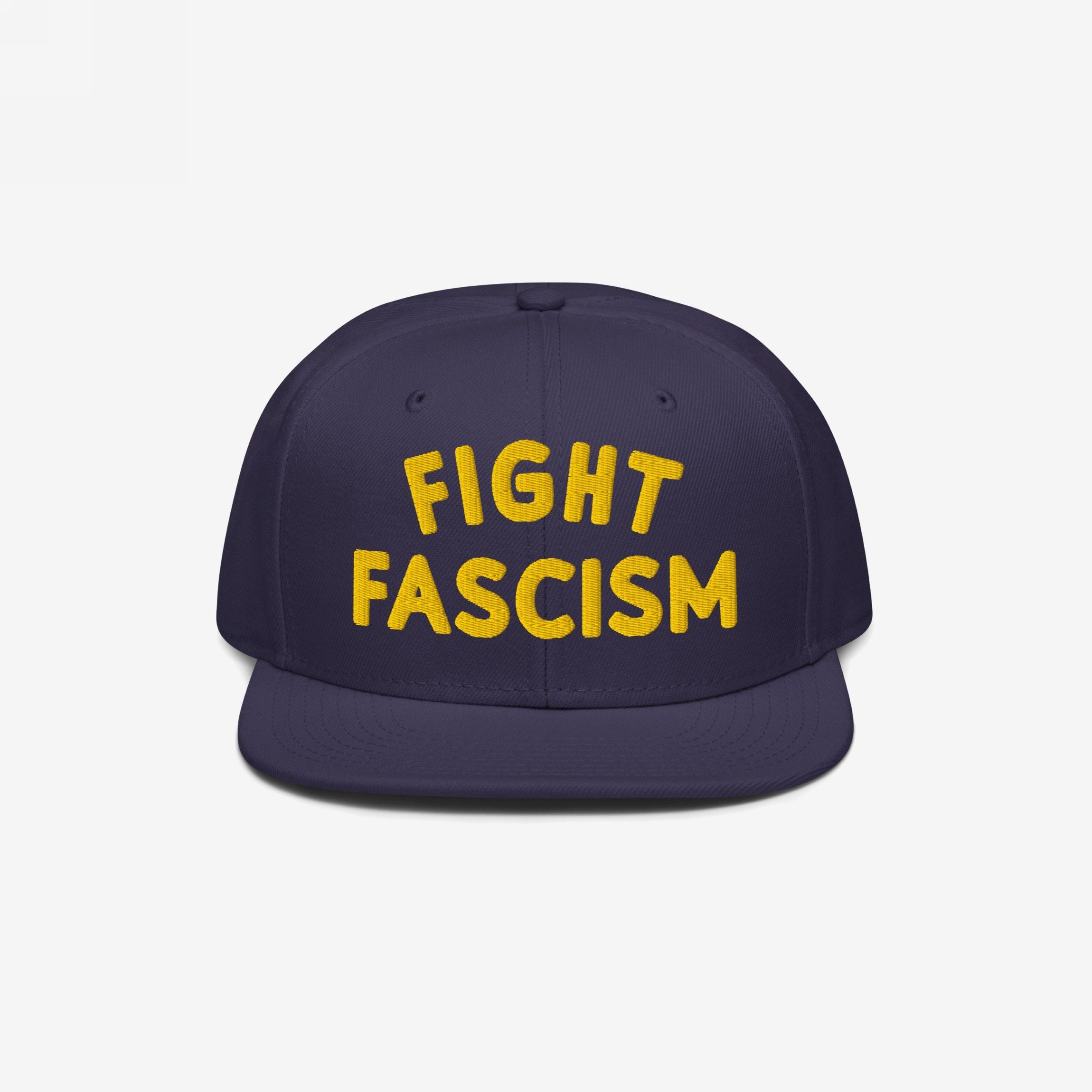 Navy Fight Fascism Hat with bold yellow embroidery, ideal for making a statement against hate. Perfect for protests or daily wear, reflecting a strong anti-fascist message.