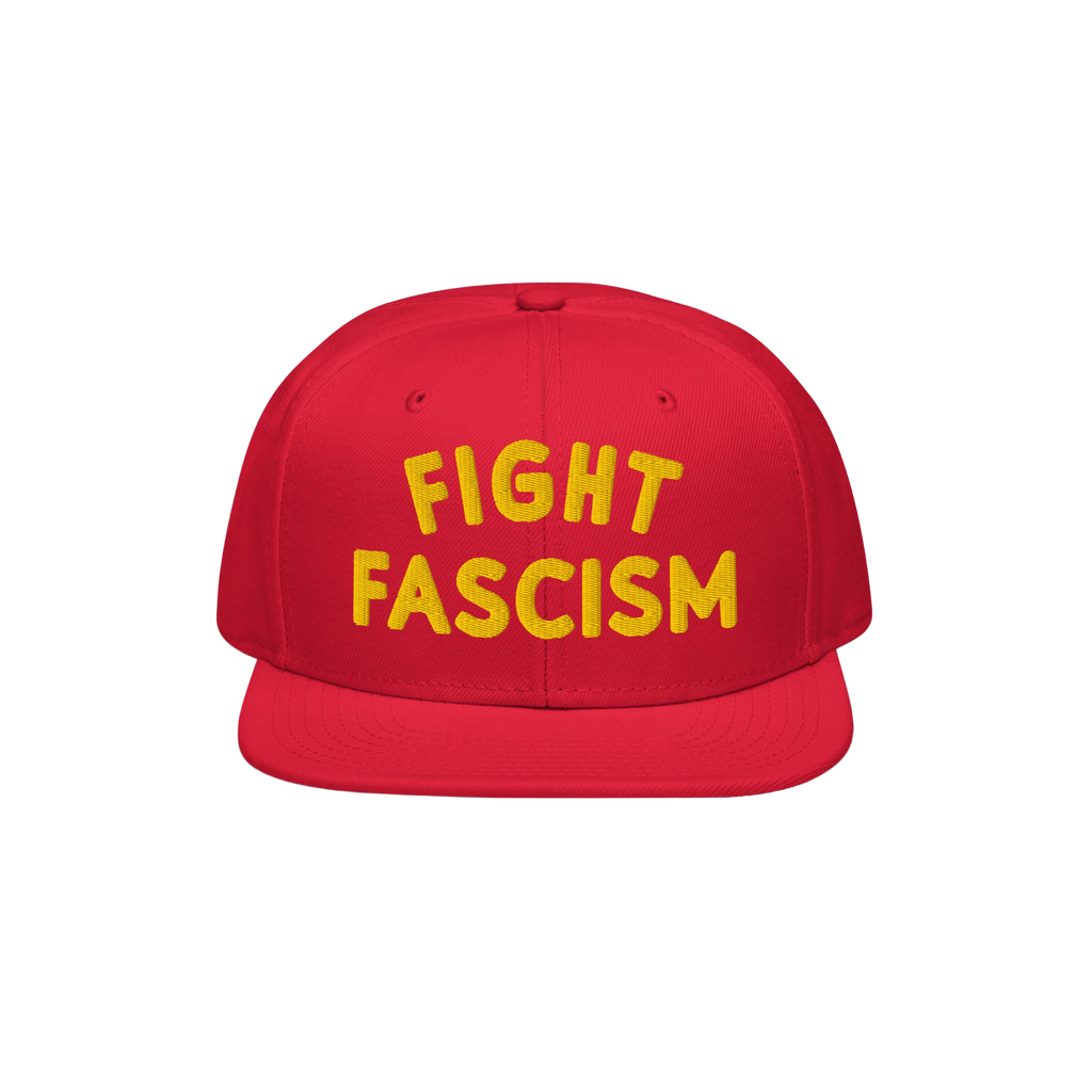 Fight Fascism Hat featuring a red snapback design with FIGHT FASCISM boldly embroidered in yellow. This statement piece suppo