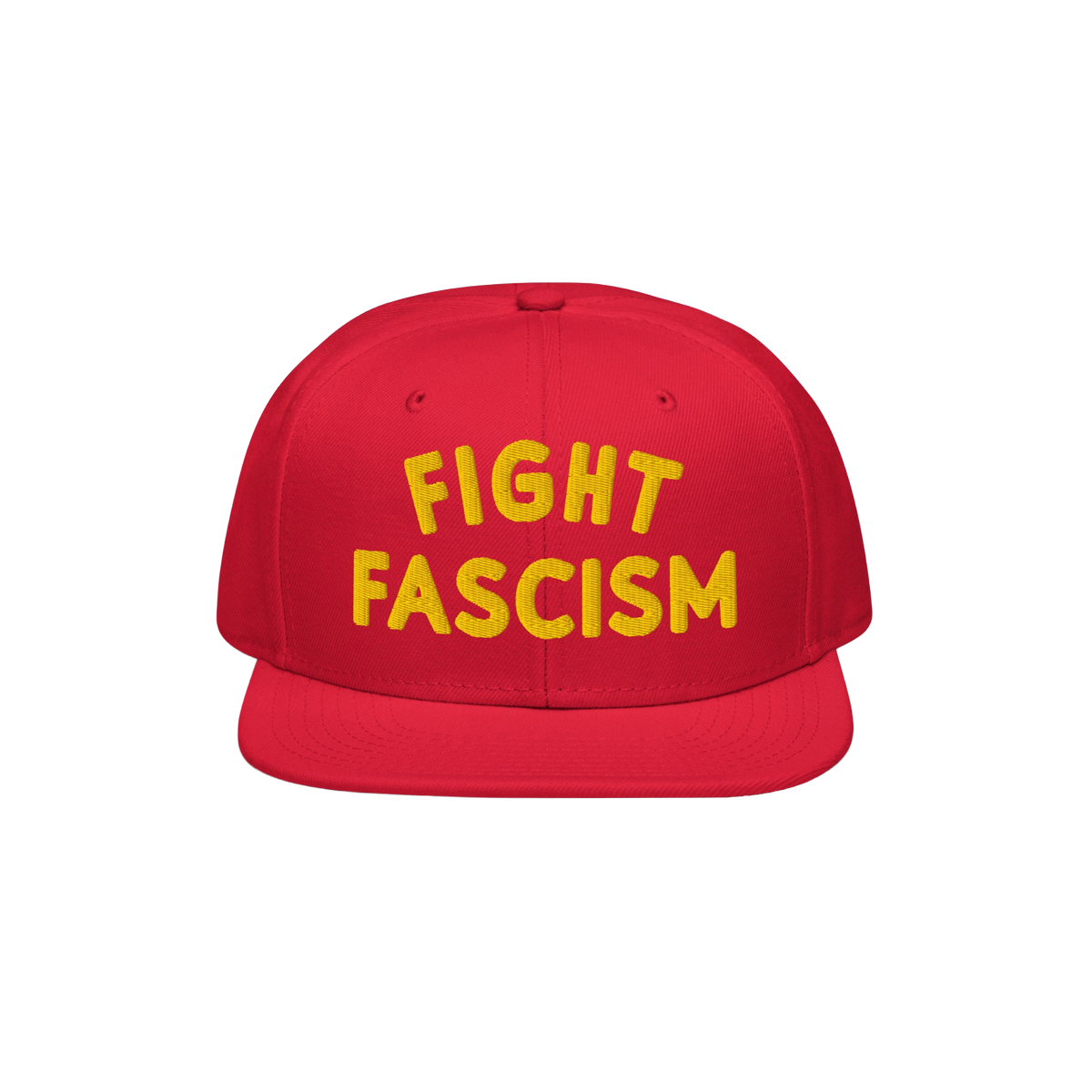 Fight Fascism Hat featuring a red snapback design with FIGHT FASCISM boldly embroidered in yellow. This statement piece suppo