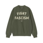Olive-green crewneck sweatshirt featuring FIGHT FASCISM in large, distressed off-white letters across the chest, embodying th